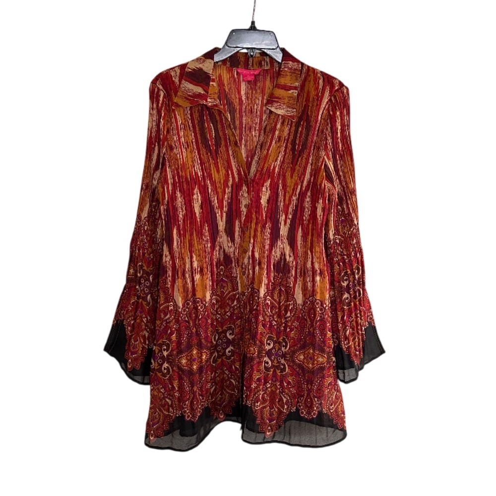 Sunny Leigh Tunic Top V Neck Button Front  Bell Sleeve XL